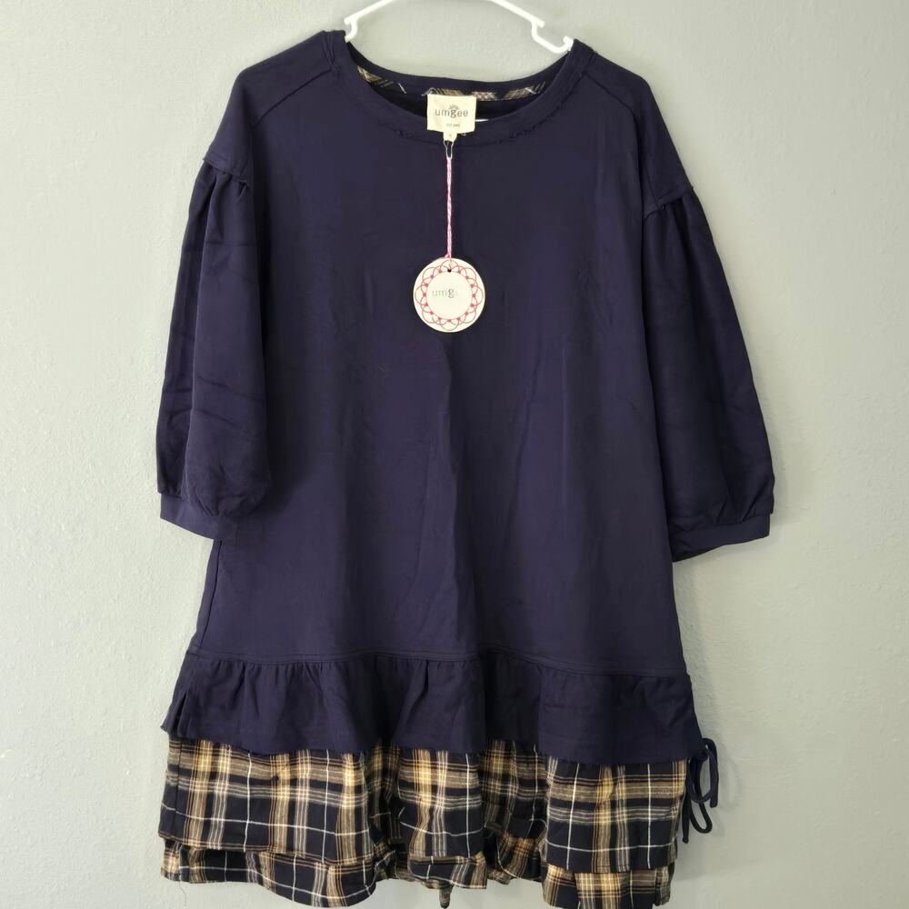 NEW Umgee Navy Blue Plaid Tunic Dress Top Size Small Shabby Granola